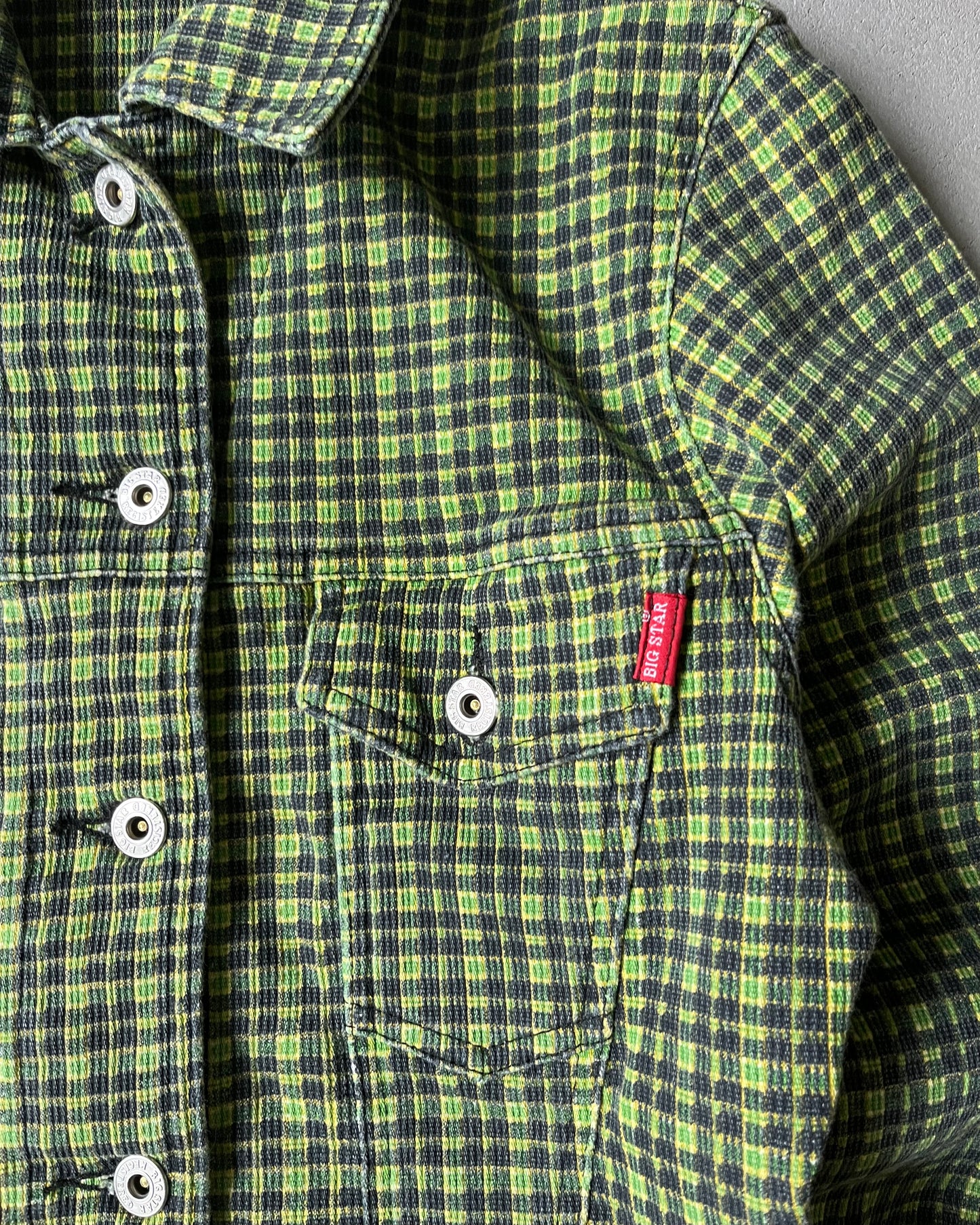 2000s - Green Plaid Cinched Women's Trucker Jacket - (W)S/M