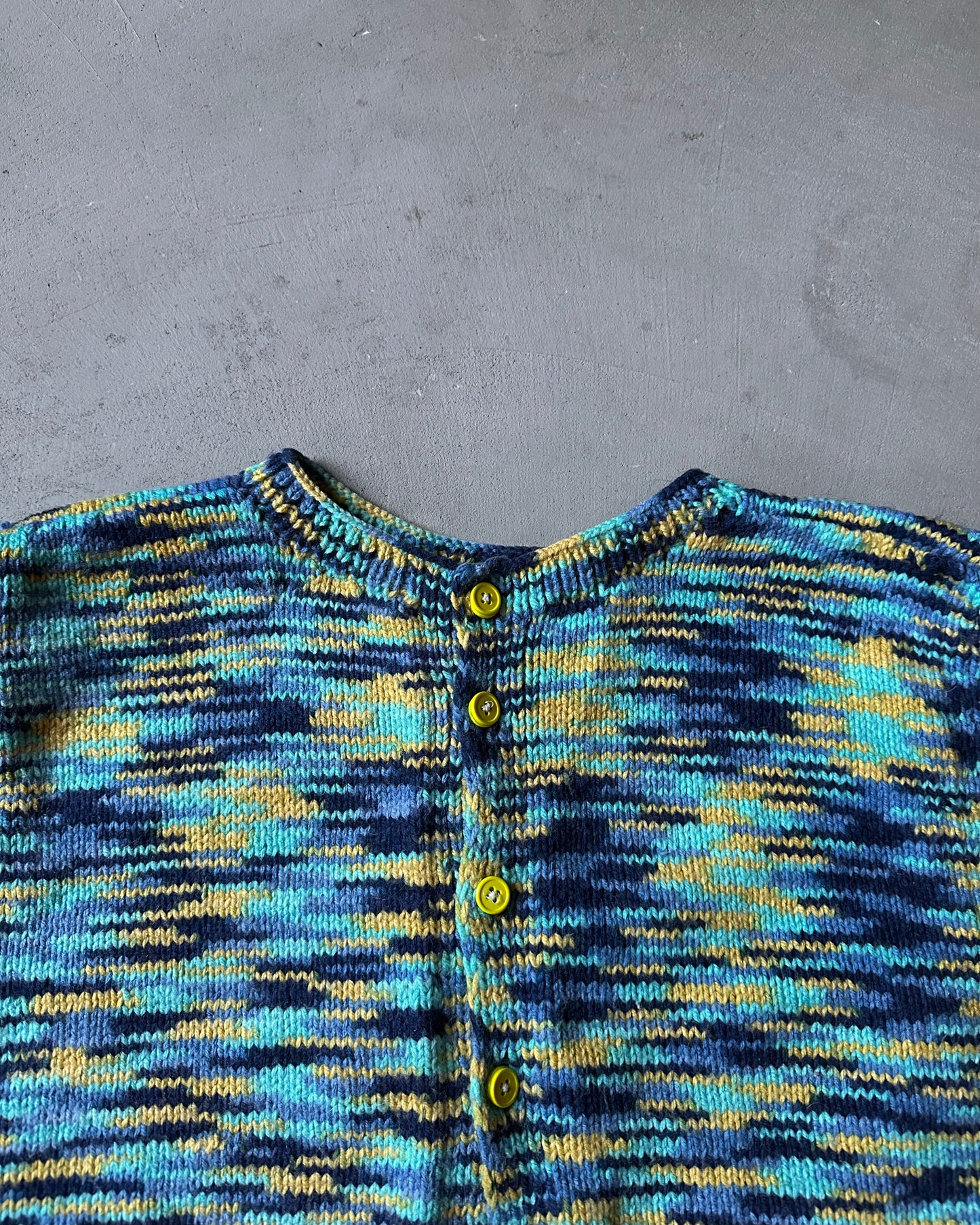 1980s - Blue/Yellow Handknit Women's Sweater Vest - (W)M