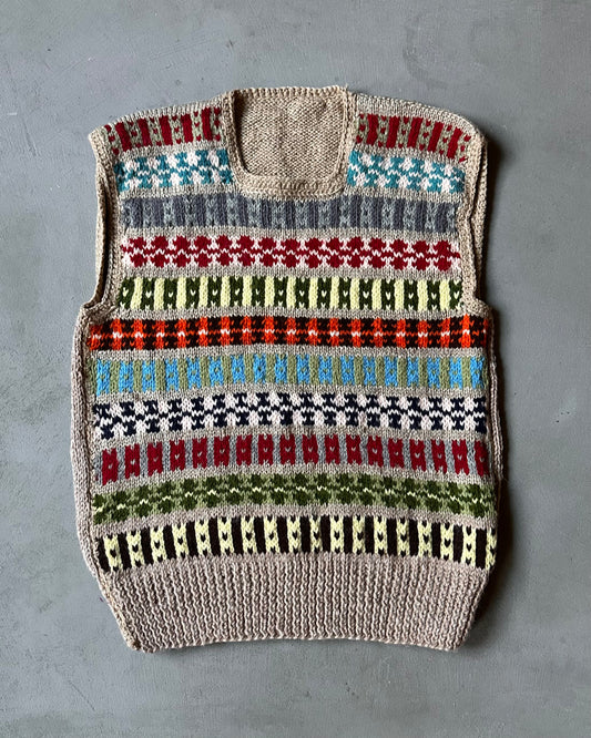 1970s - Tan Fair Isle Handknit Sweater Vest - S