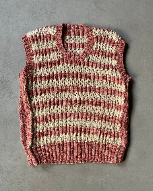 1970s - Pink/Beige Hankdnit Striped Sweater Vest - S