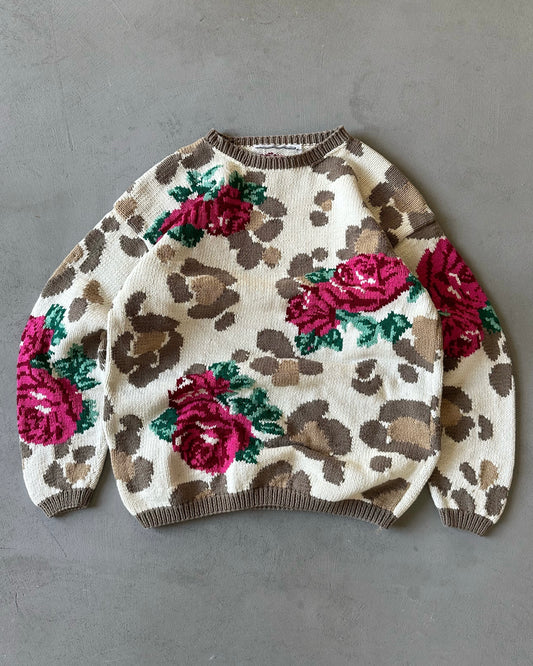 1990s - Cream/Pink Cheetah & Roses Cotton Sweater - (W)S