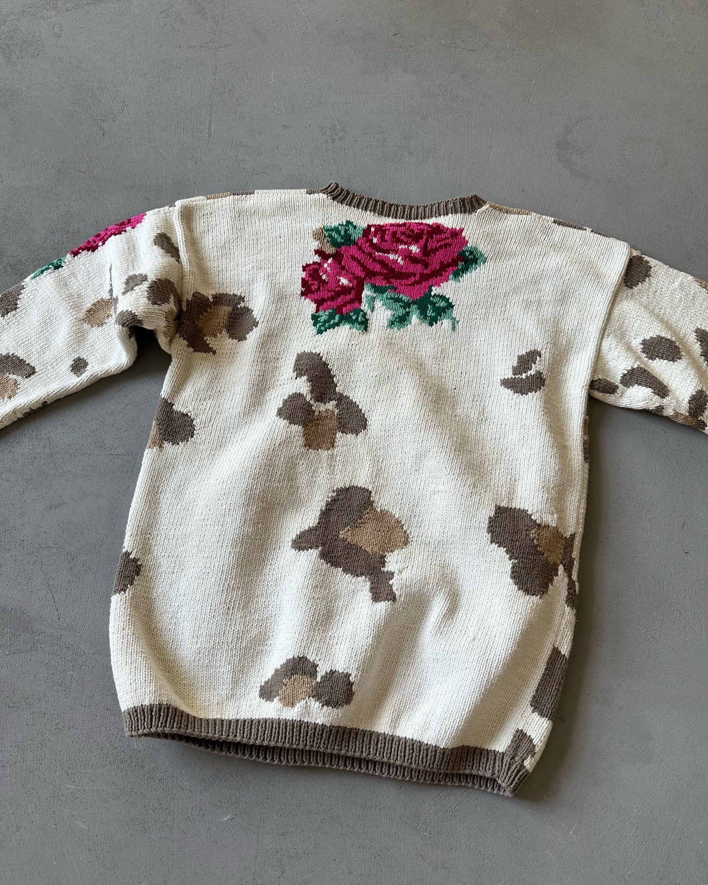 1990s - Cream/Pink Cheetah & Roses Cotton Sweater - (W)S