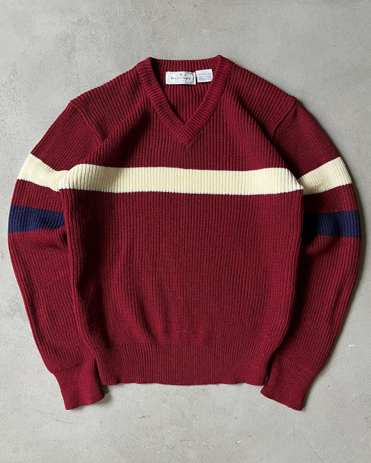 1990s - Burgundy/Cream Striped Sweater - S