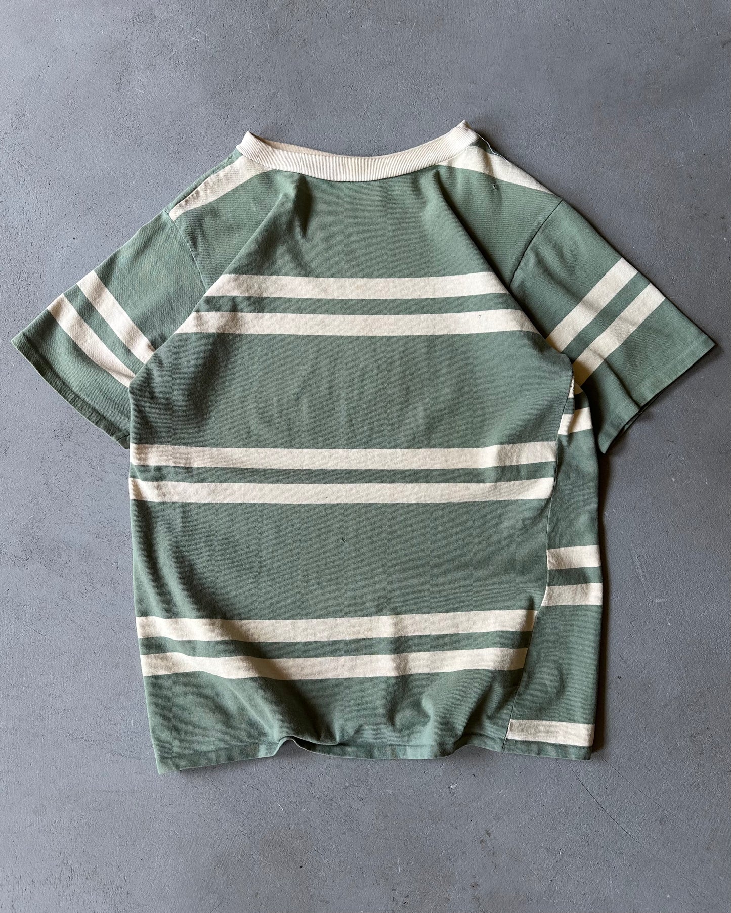 1970s - Distressed Green/Cream Striped T-Shirt - M