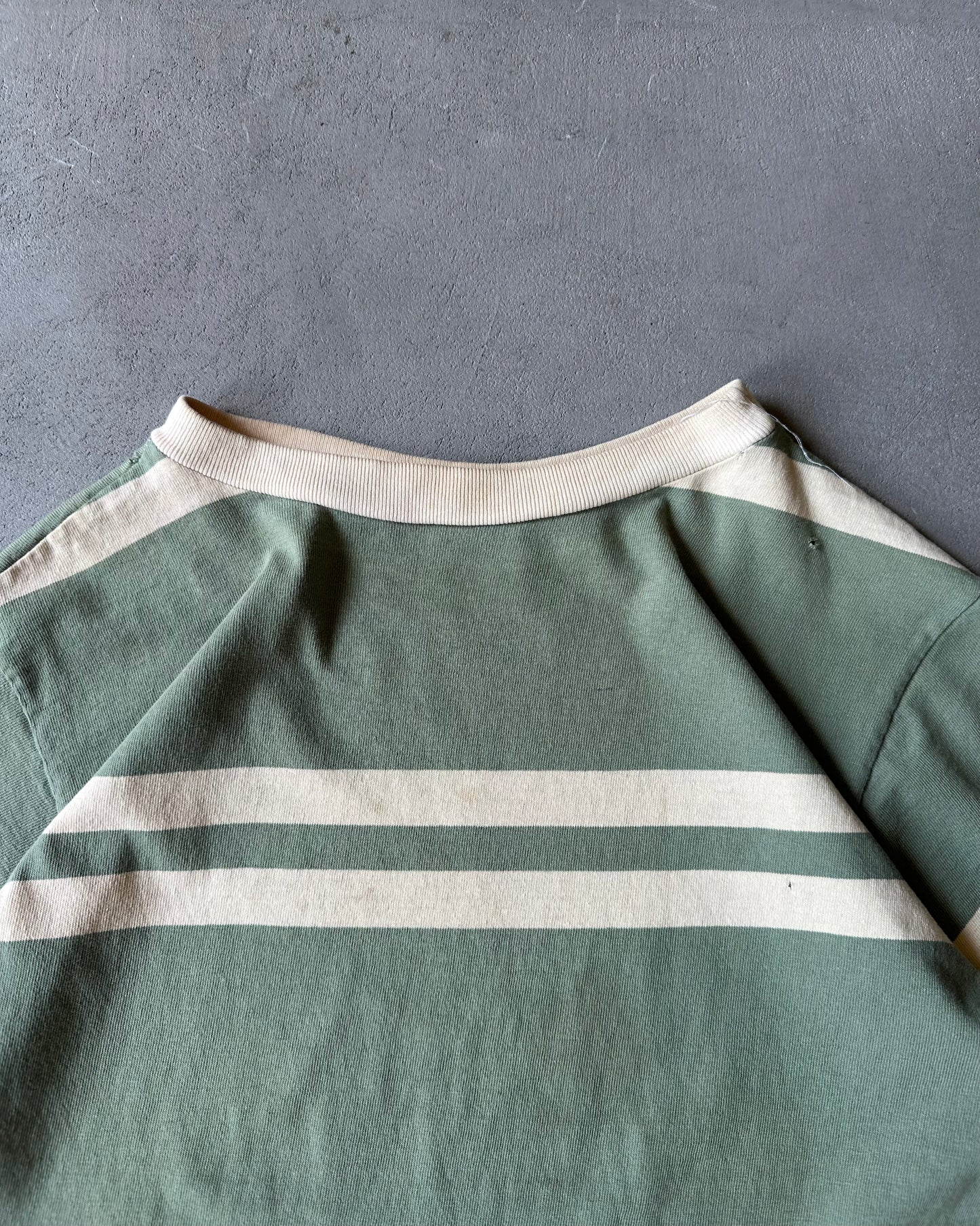 1970s - Distressed Green/Cream Striped T-Shirt - M
