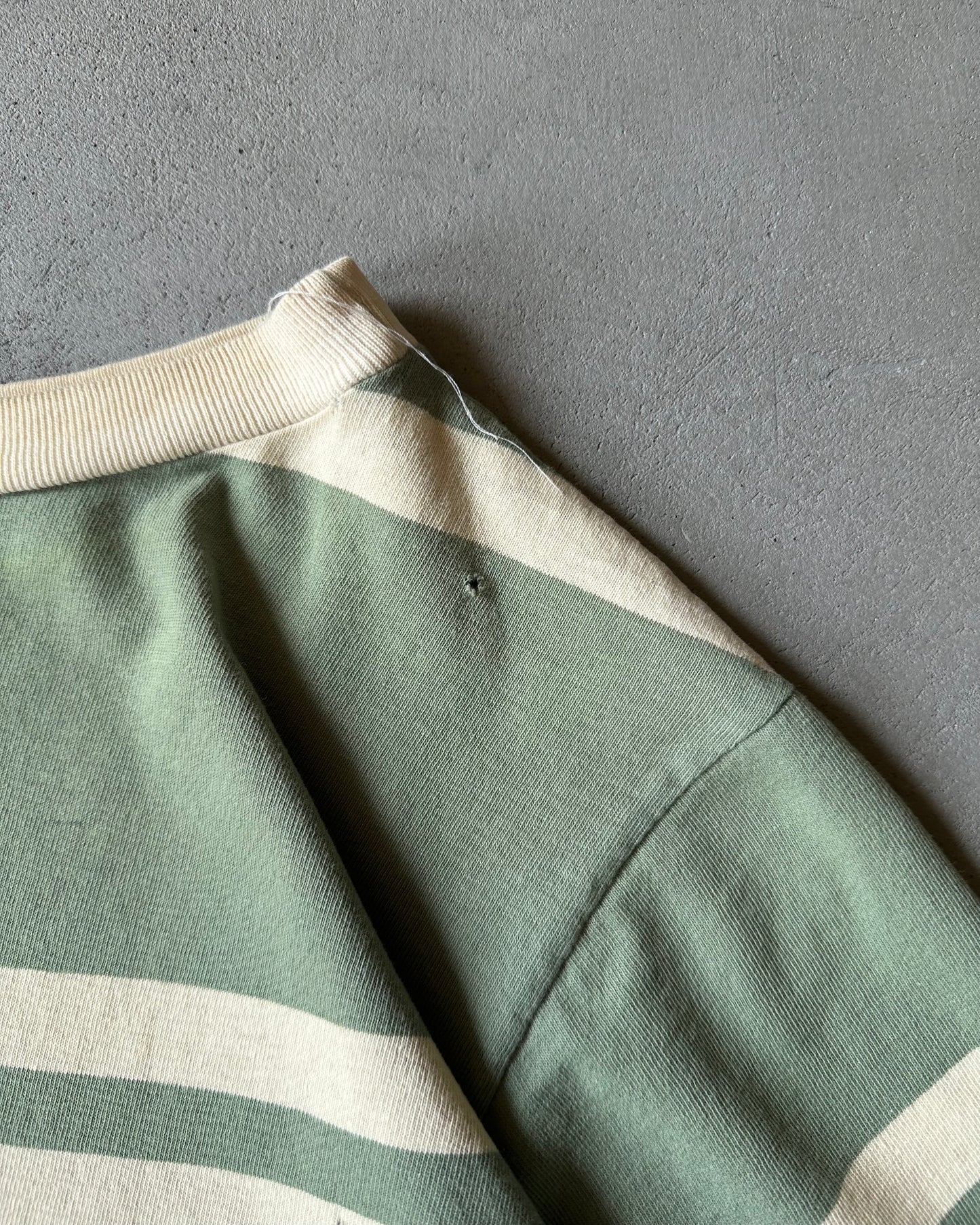 1970s - Distressed Green/Cream Striped T-Shirt - M