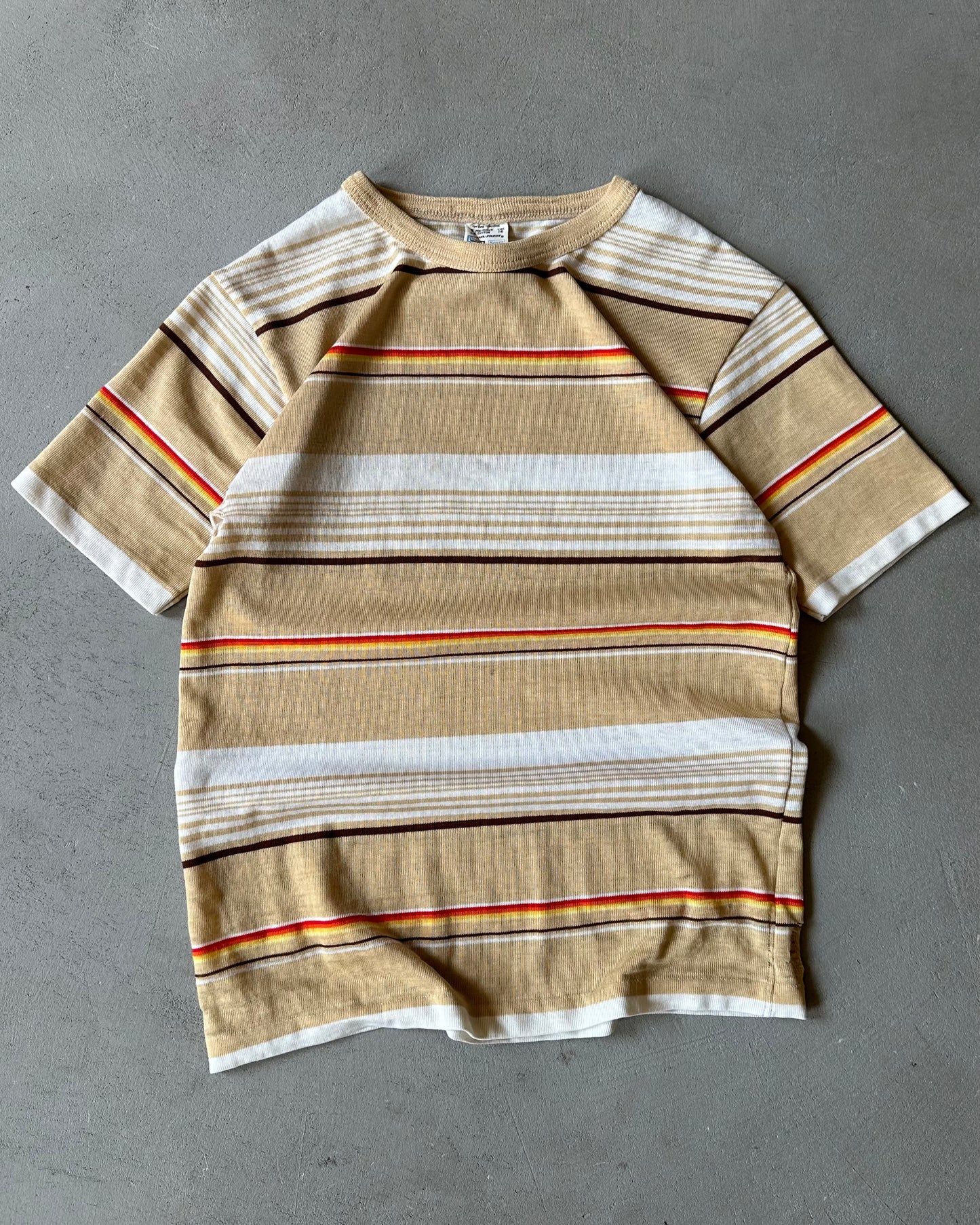 1970s - Distressed Beige/Yellow Women's Striped T-Shirt - (W)XS
