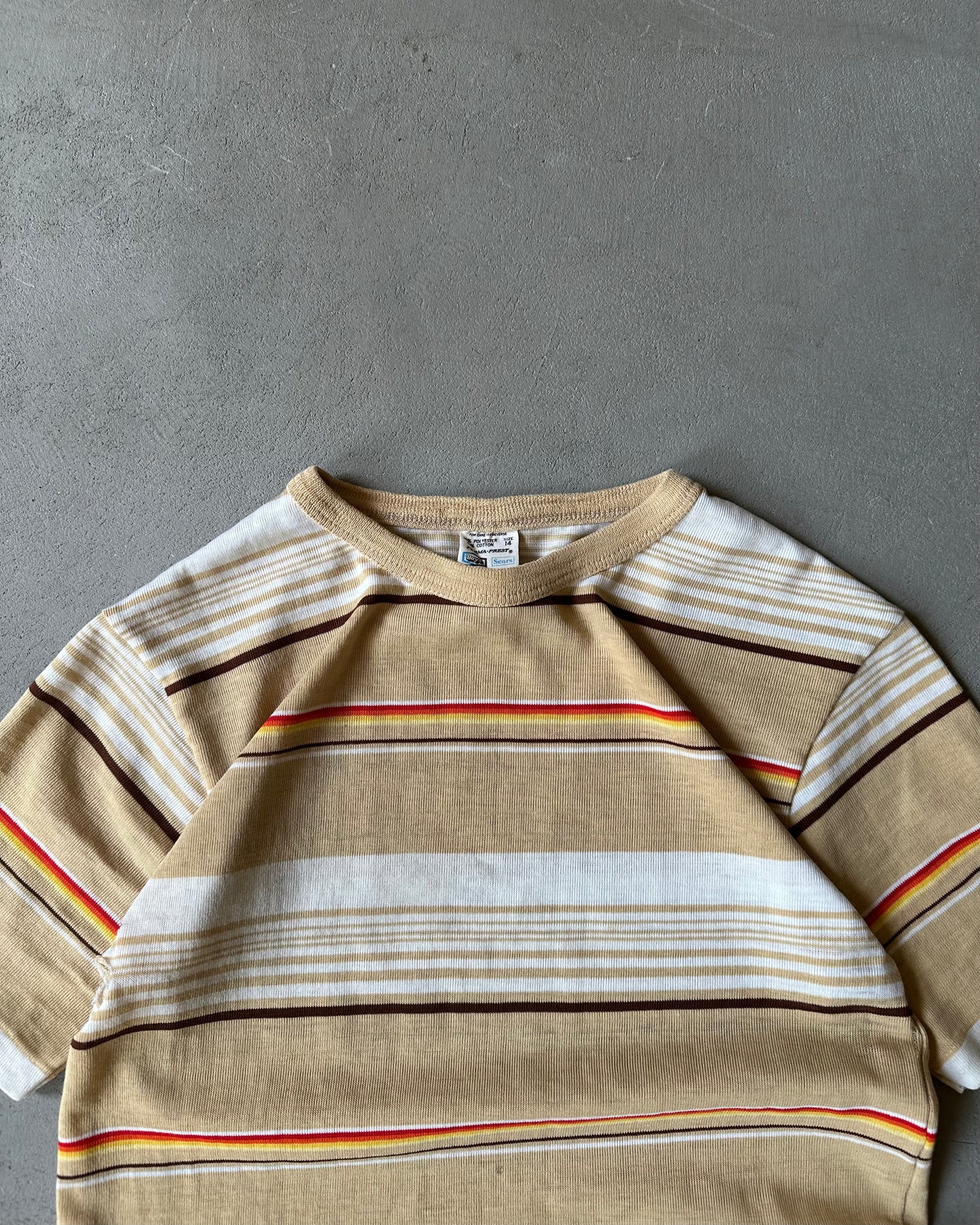 1970s - Distressed Beige/Yellow Women's Striped T-Shirt - (W)XS