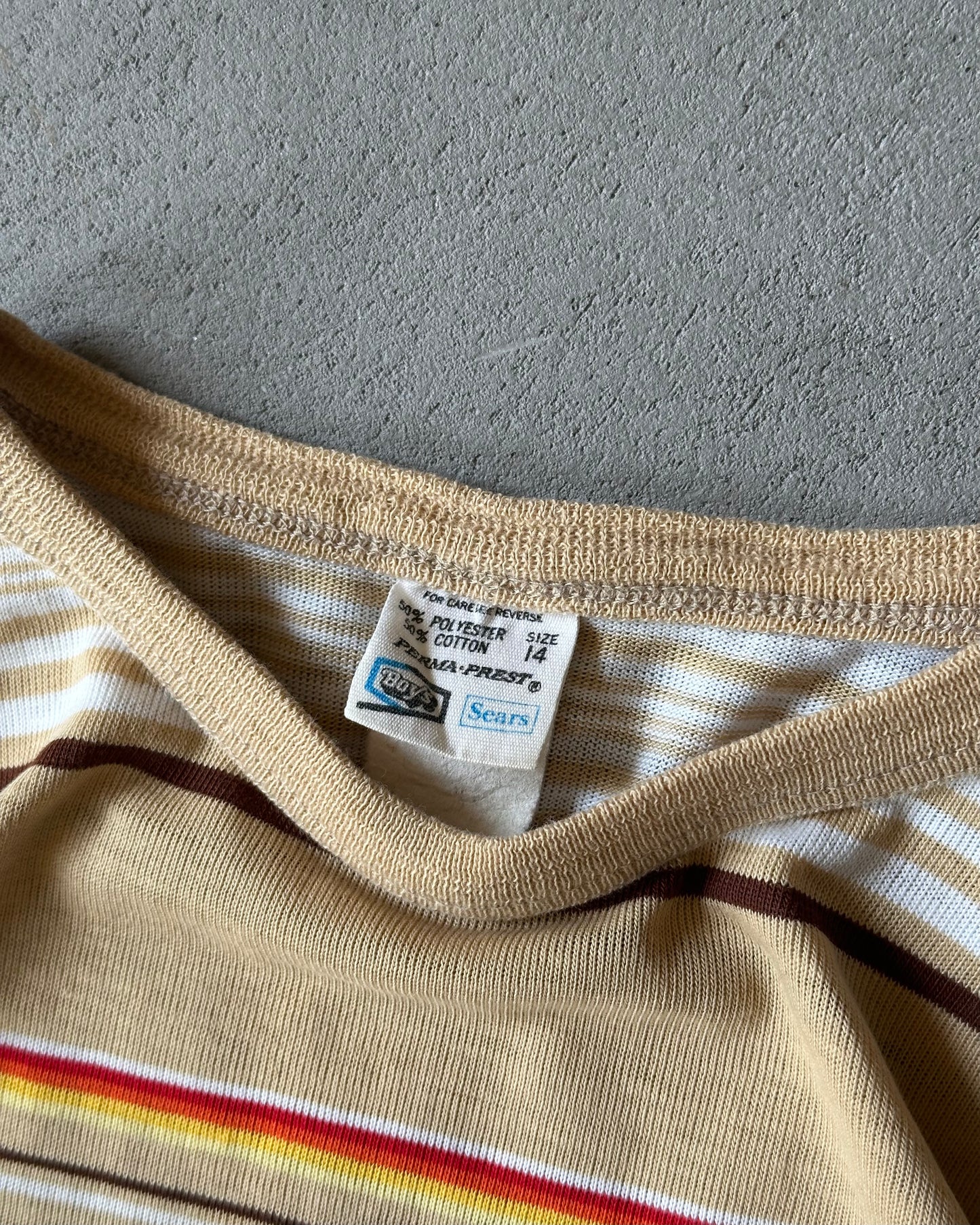 1970s - Distressed Beige/Yellow Women's Striped T-Shirt - (W)XS