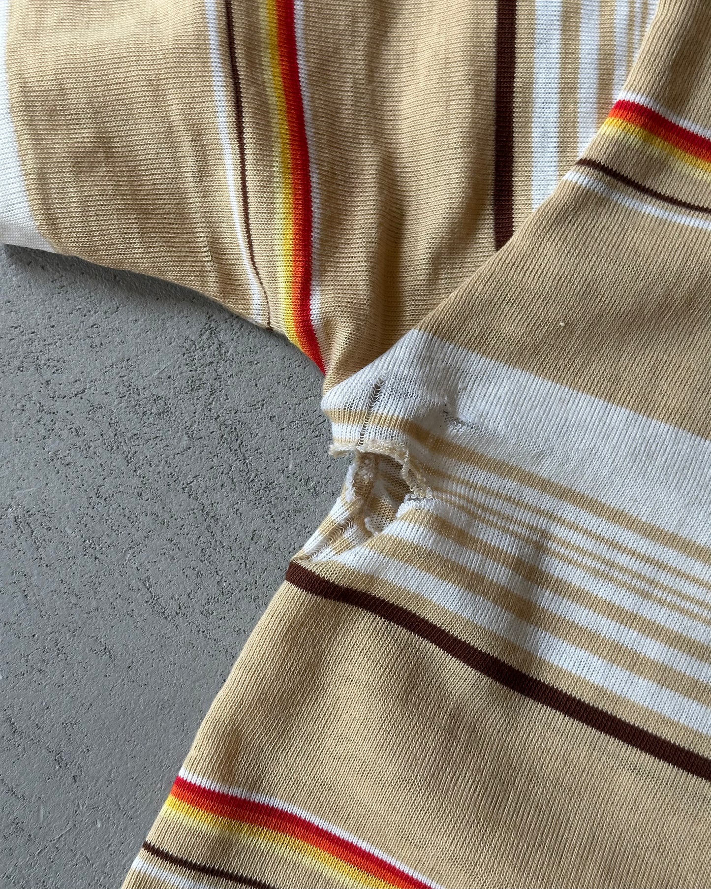 1970s - Distressed Beige/Yellow Women's Striped T-Shirt - (W)XS