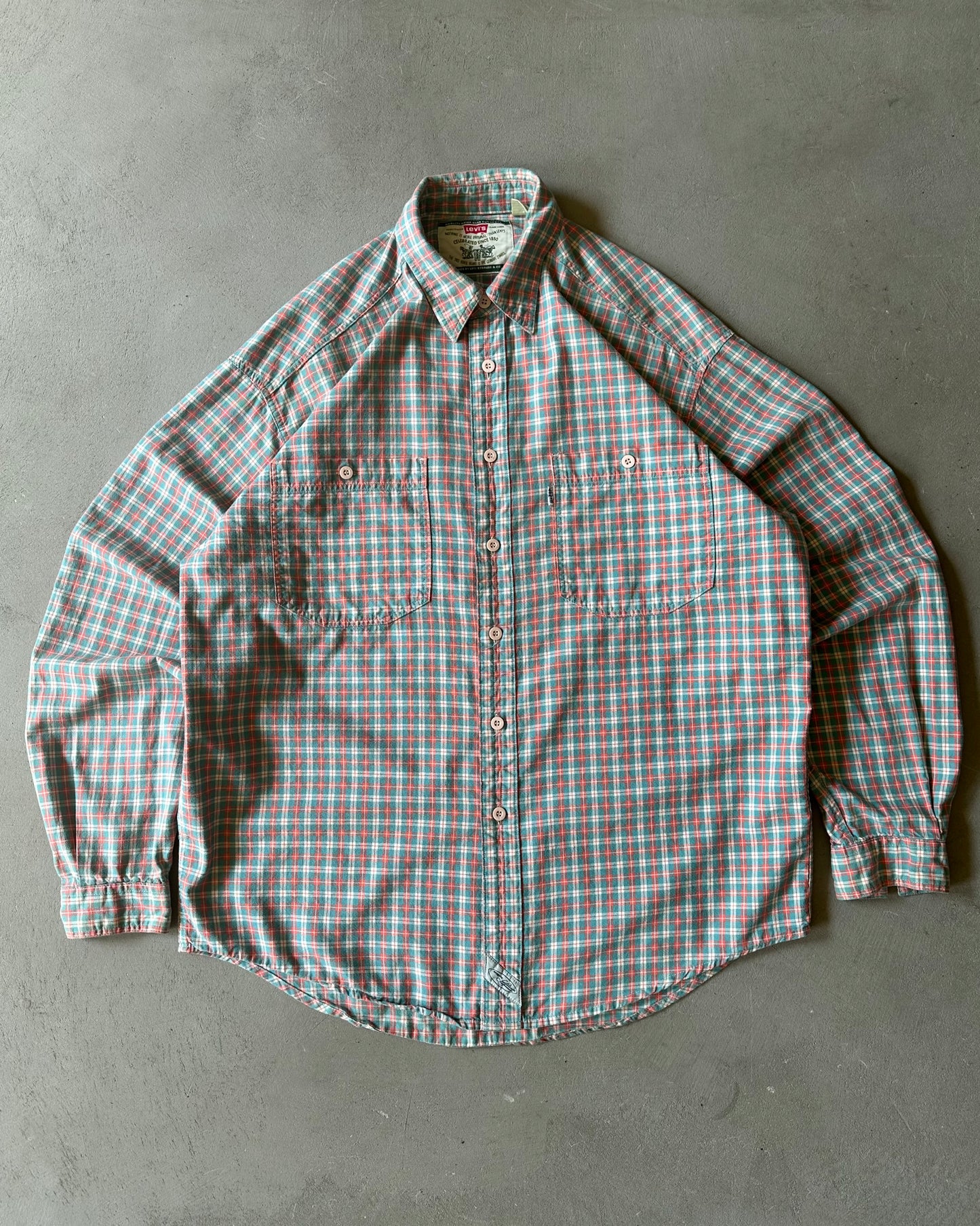 1990s - Blue/Coral Levi's Plaid Shirt - M