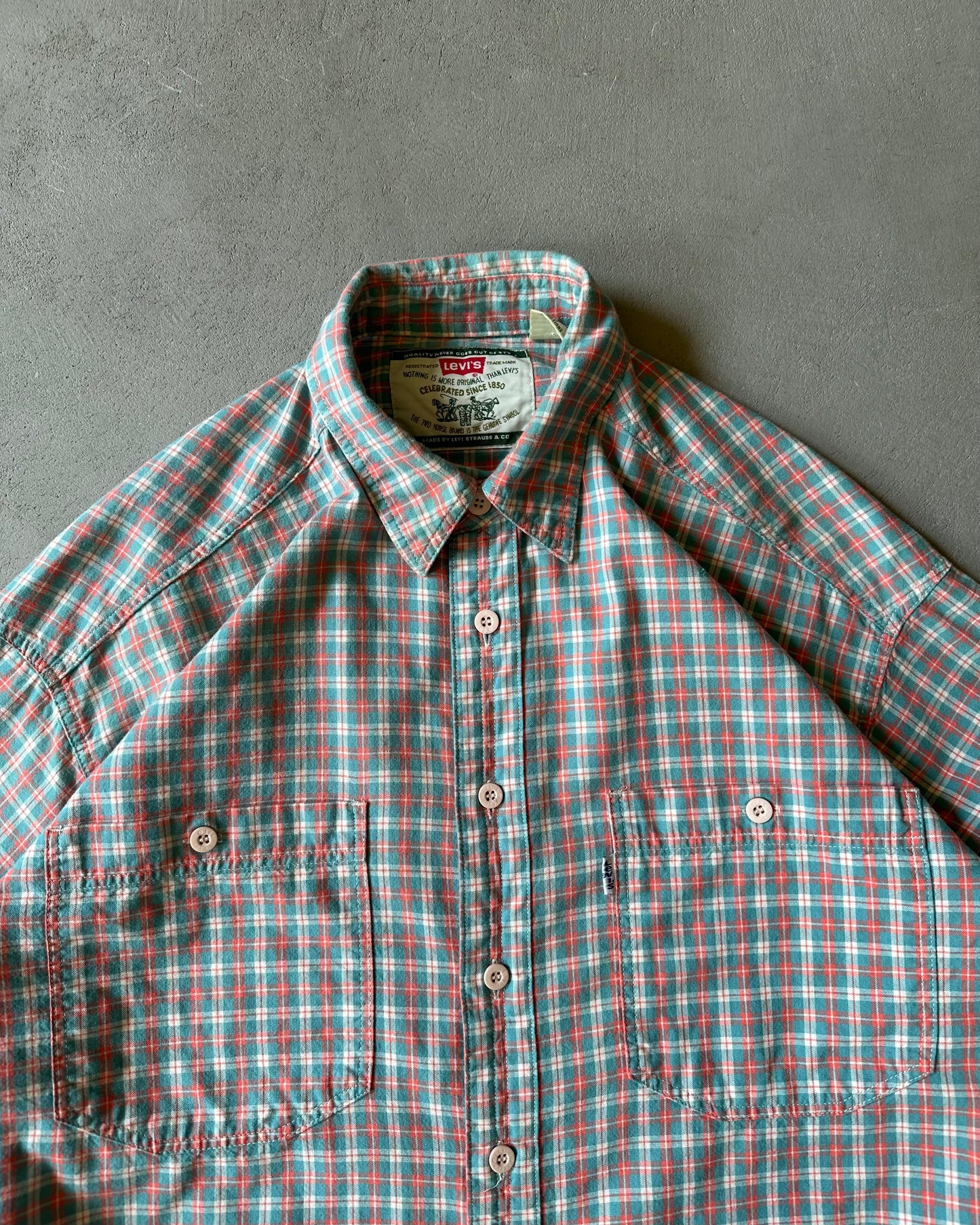 1990s - Blue/Coral Levi's Plaid Shirt - M