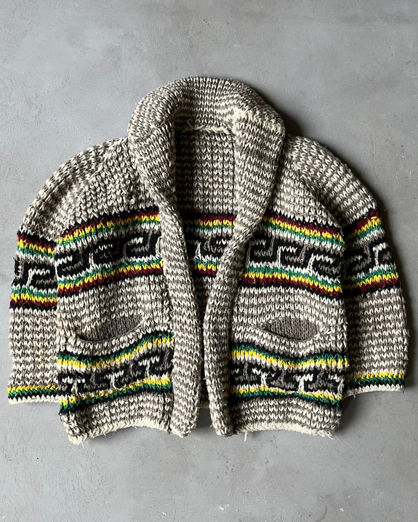 Années 70 - Pull épais châle beige/multicolore vieilli - T. S