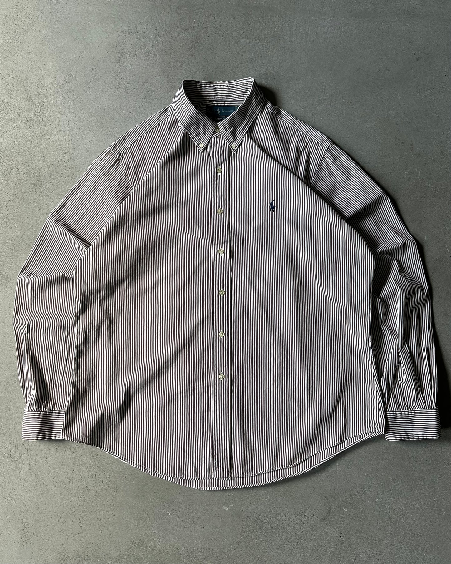 2000s - White/Brown Ralph Lauren Striped Shirt - XL