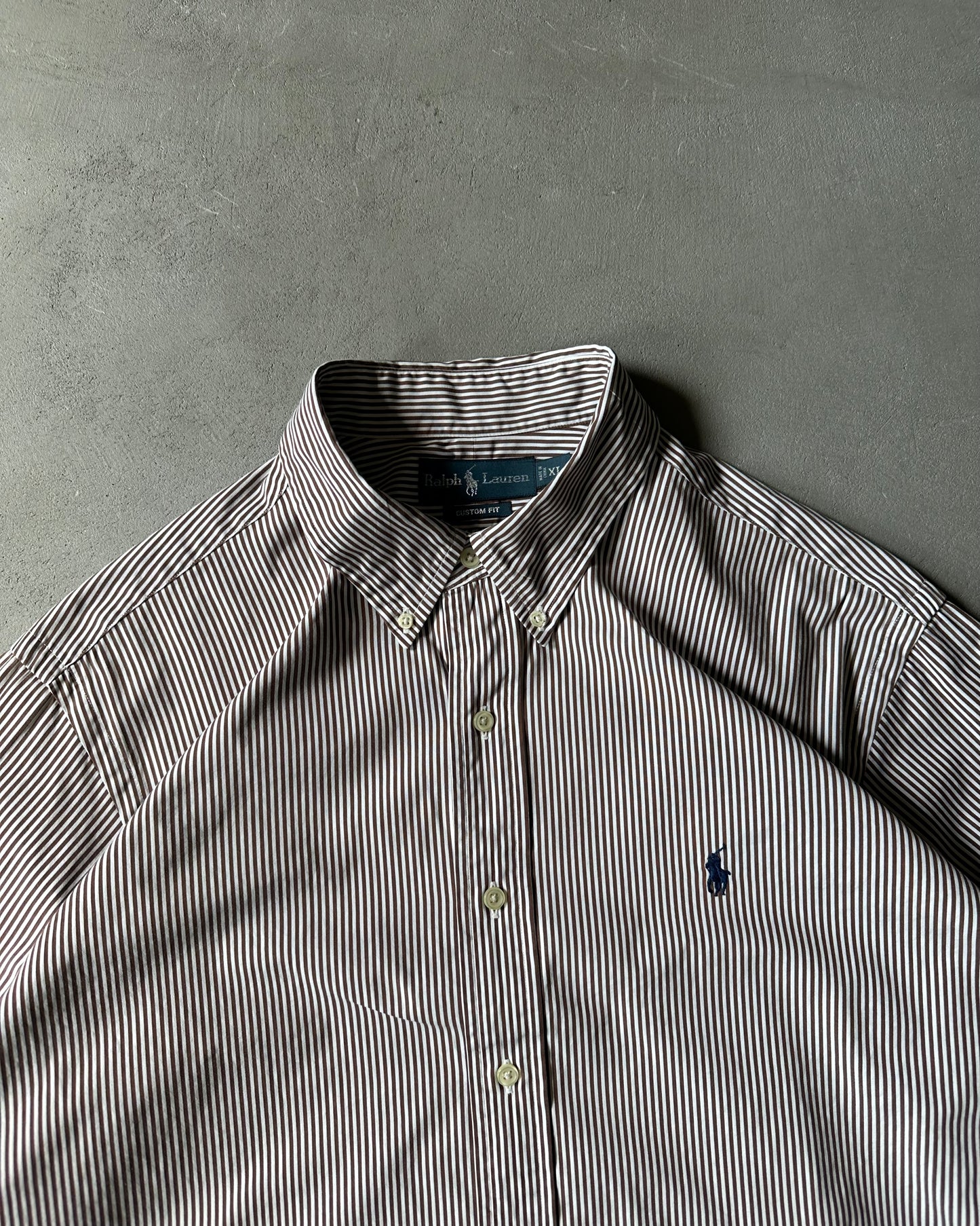 2000s - White/Brown Ralph Lauren Striped Shirt - XL
