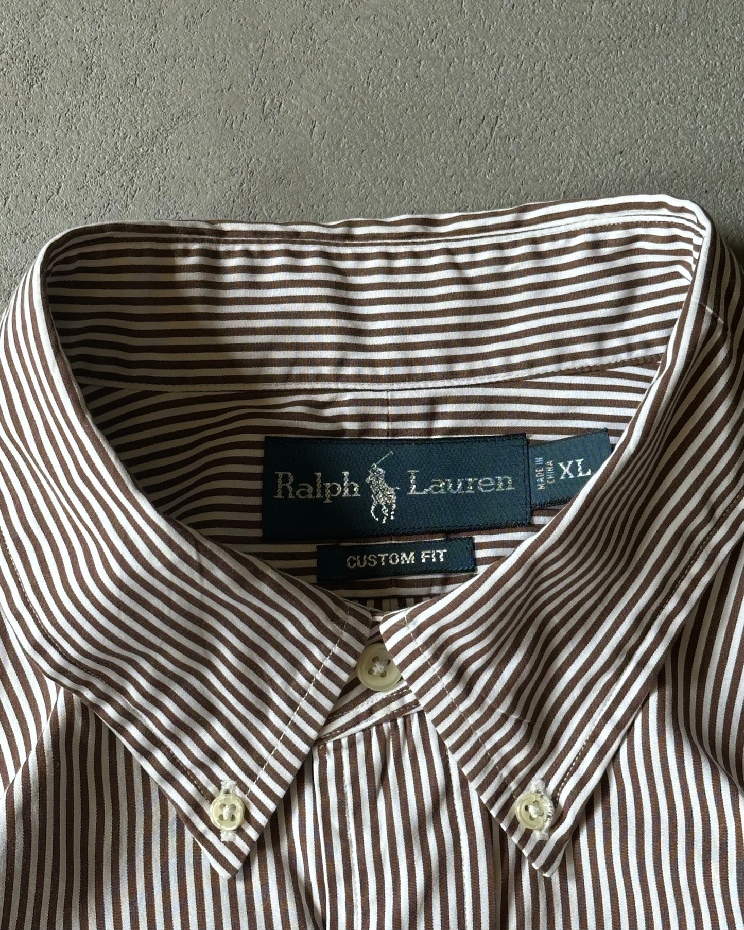 2000s - White/Brown Ralph Lauren Striped Shirt - XL