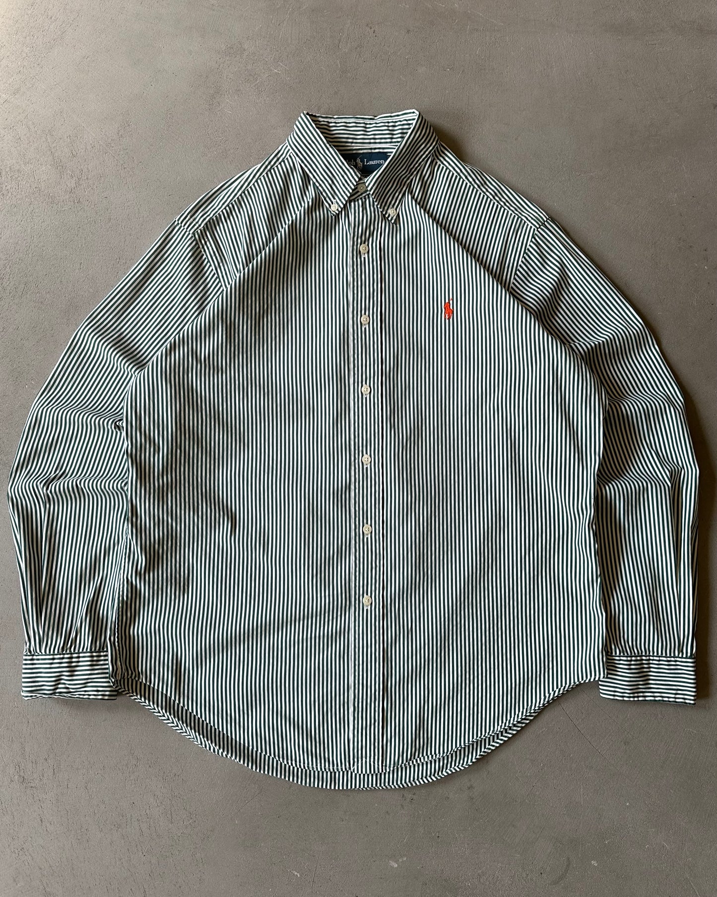 1990s - White/Green Ralph Lauren Striped Shirt - L
