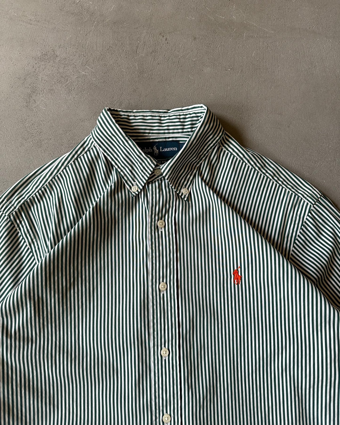 1990s - White/Green Ralph Lauren Striped Shirt - L