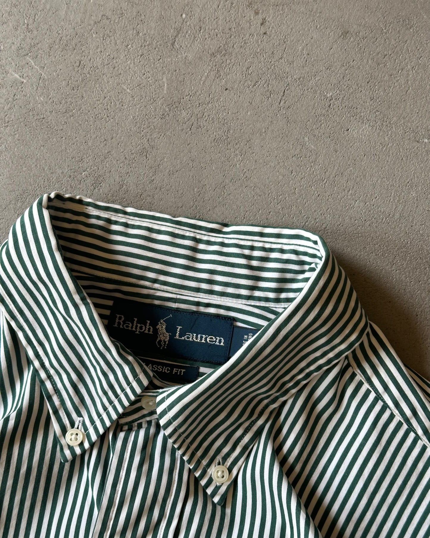 1990s - White/Green Ralph Lauren Striped Shirt - L