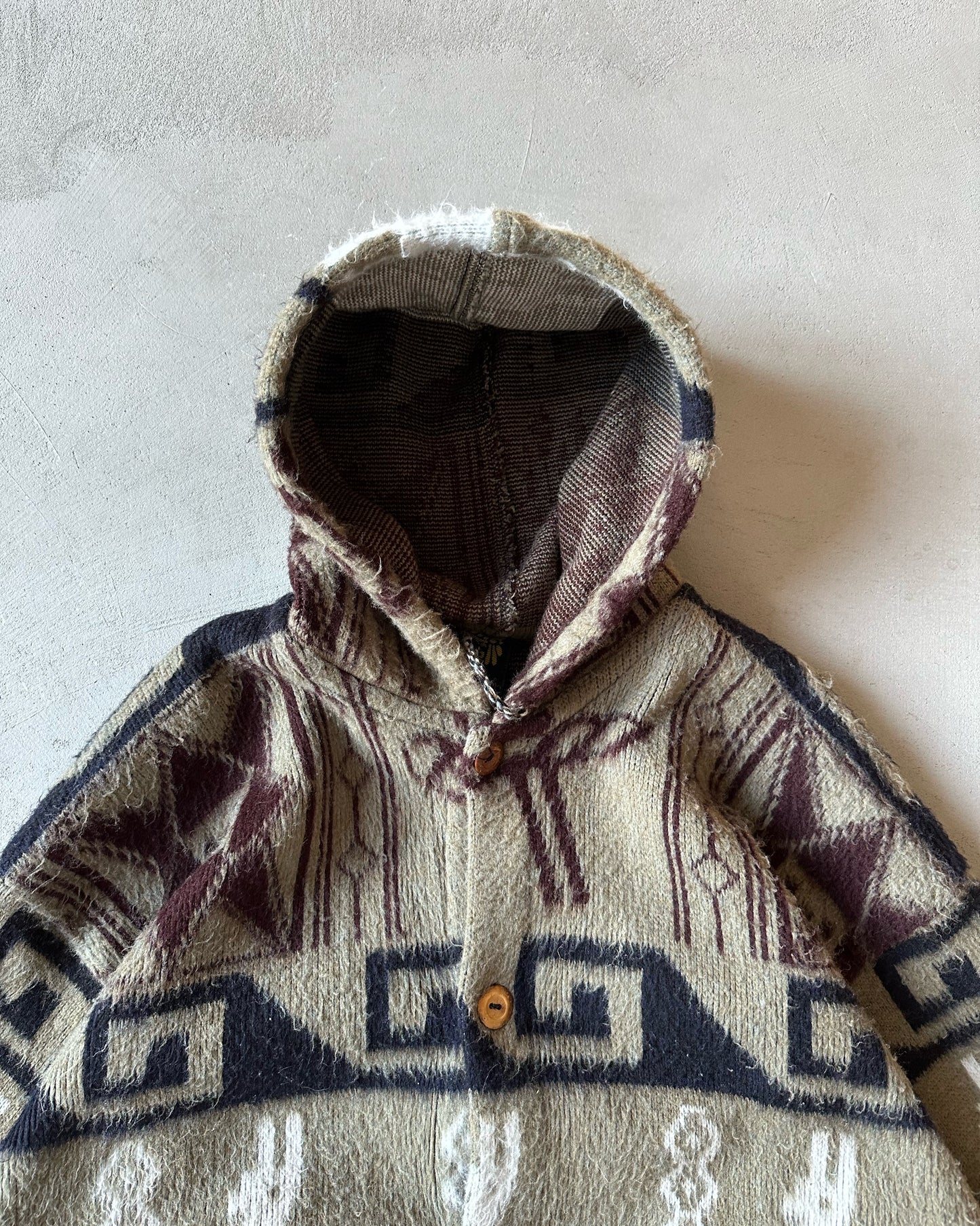 2000s - Olive/Burgundy Alpaca Wool Hooded Sweater - XL