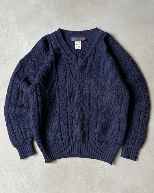 1990s - Dark Navy Cableknit Wool Sweater - M