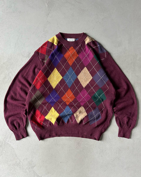 1980s - Burgundy Benetton Diamond Sweater - XL