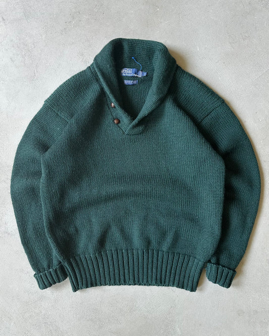 1990s - Forest Green Polo RL Shawl Sweater - M