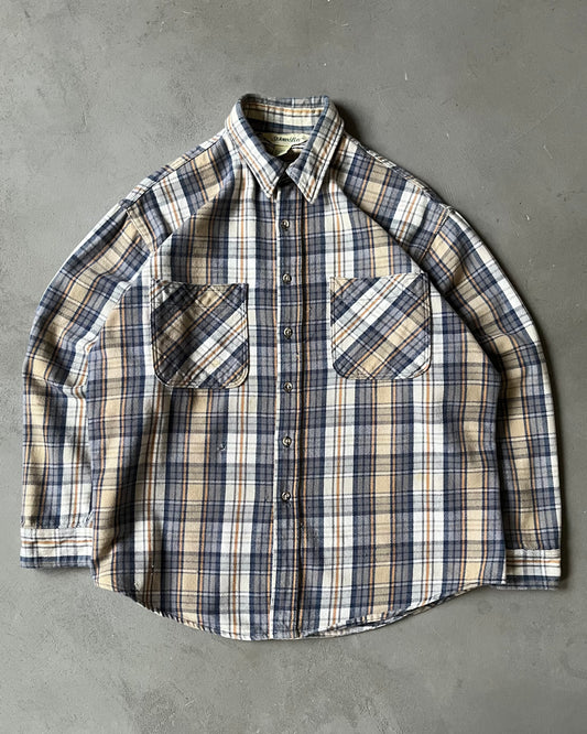 1990s - Cream/Blue Plaid Flannel - XL