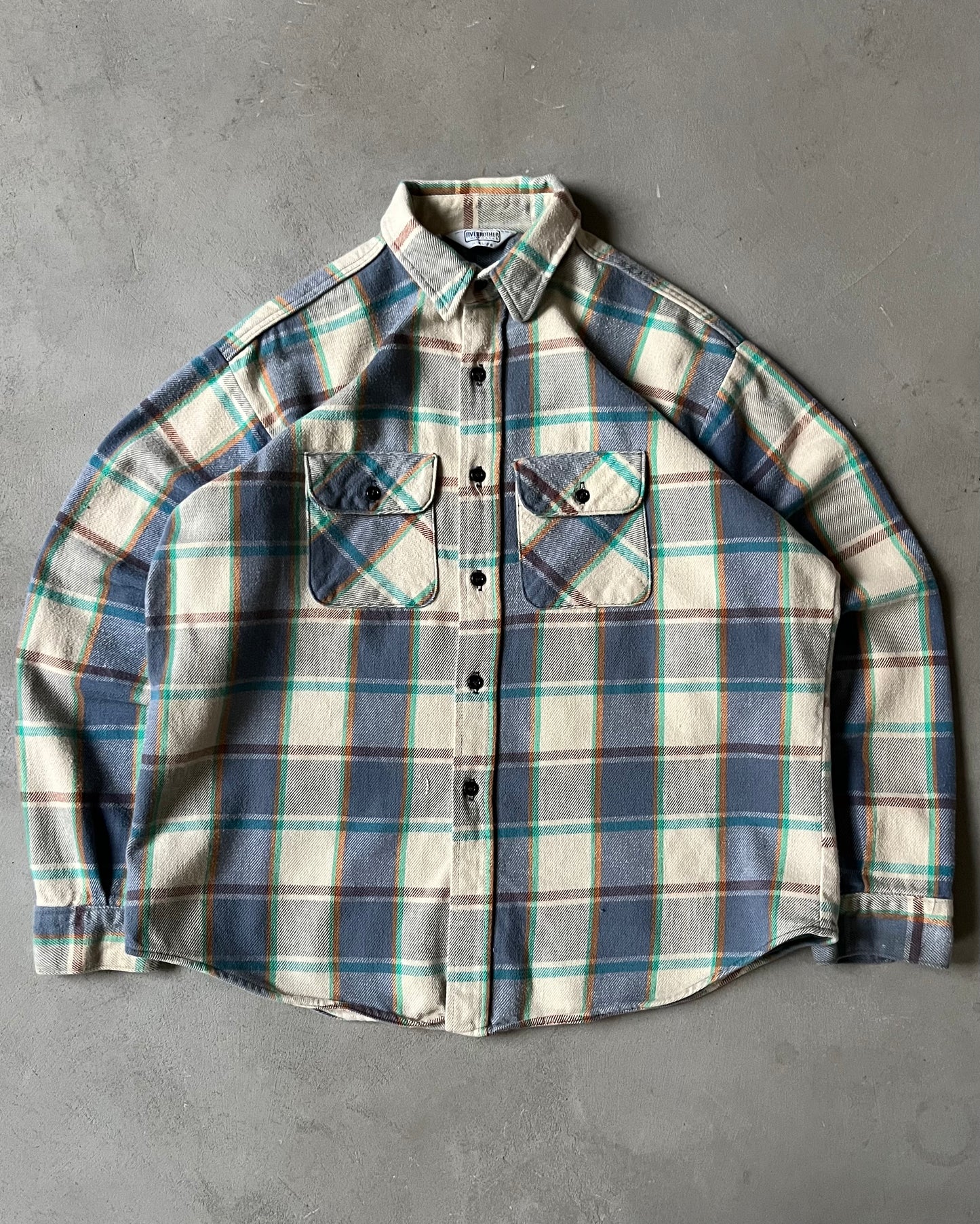 1980s - Beige/Blue Five Brother Plaid Flannel - XL