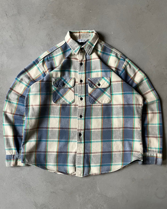 1980s - Beige/Blue Five Brother Plaid Flannel - XL