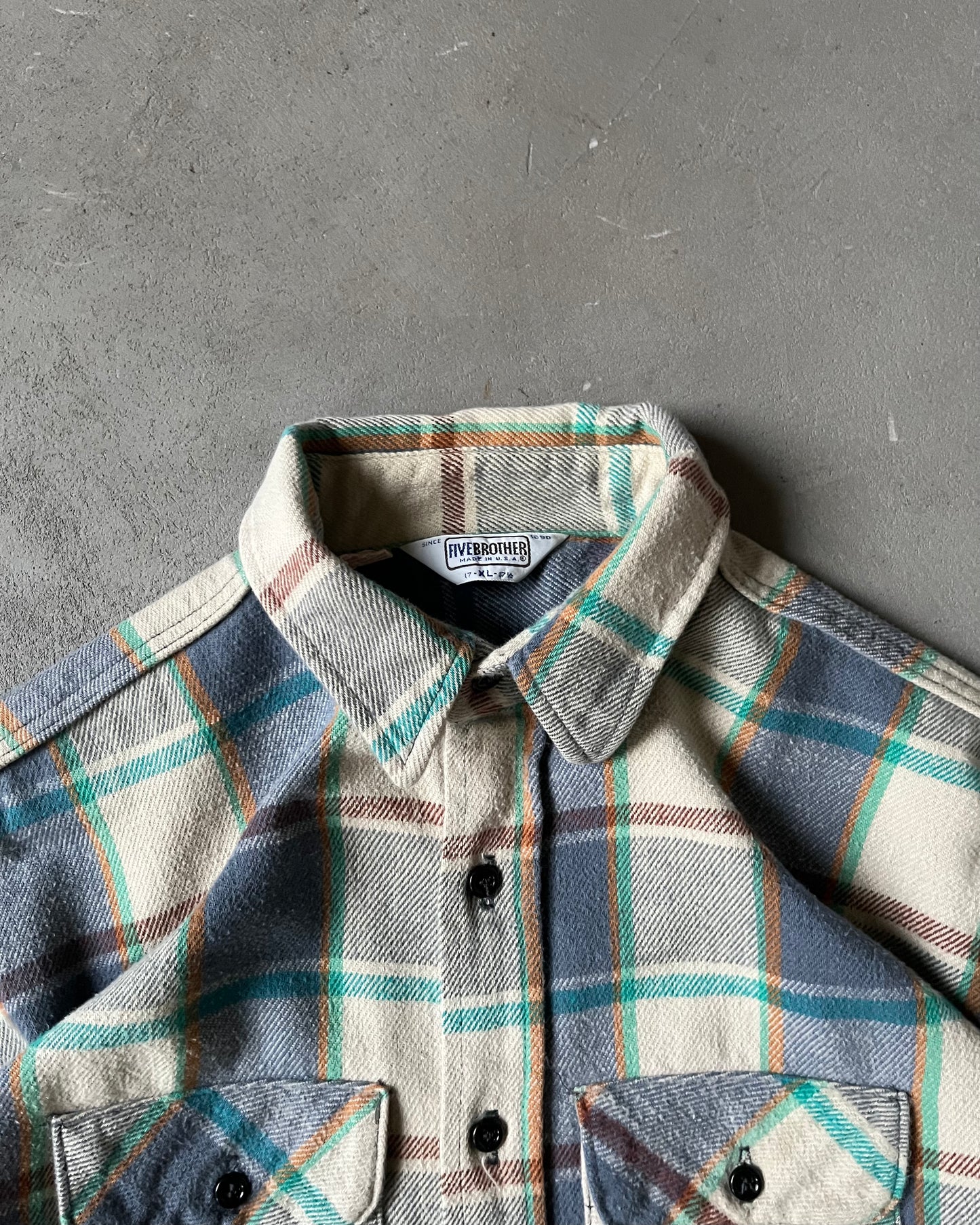 1980s - Beige/Blue Five Brother Plaid Flannel - XL
