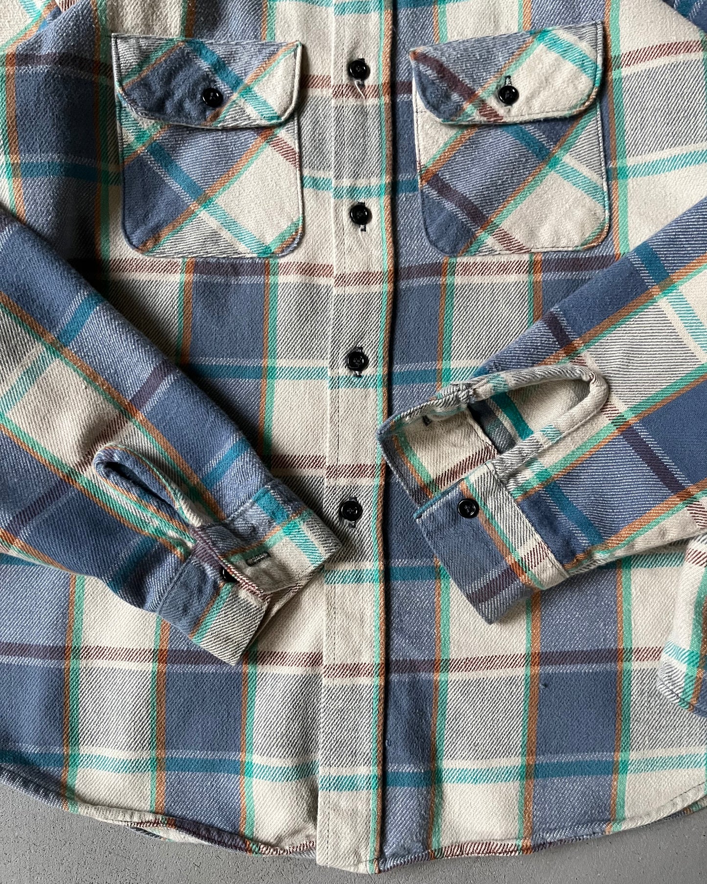 1980s - Beige/Blue Five Brother Plaid Flannel - XL
