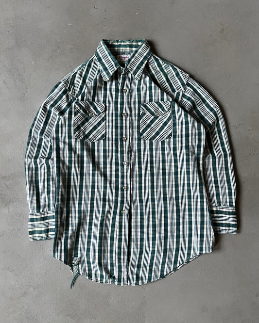 1970s - Distressed Green/Cream Wrangler Plaid Western Shirt - M/L