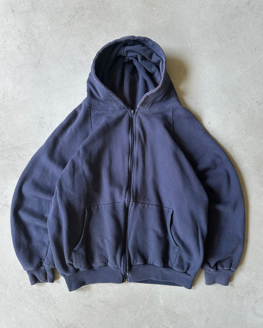 1990s - Navy Thermal Lined Zip Up Hoodie - M