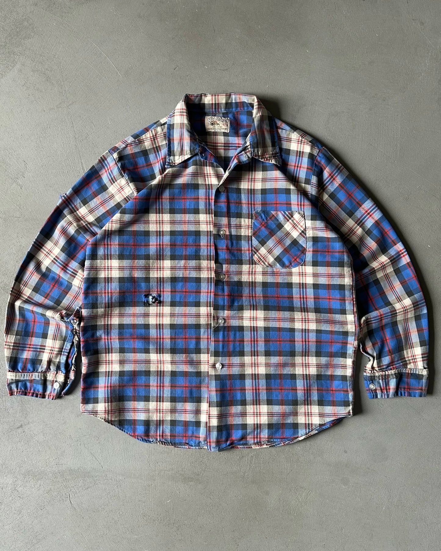 1980s - Distressed Blue/Red Plaid Flannel - M