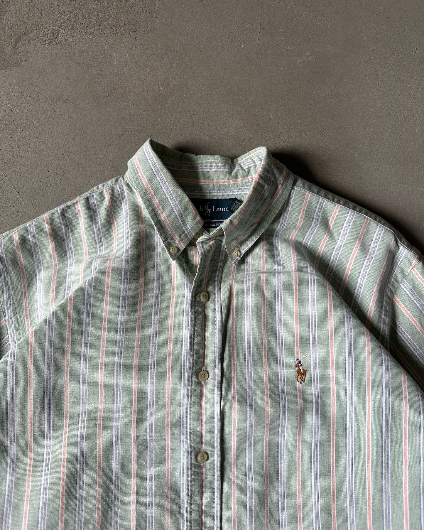 1990s - Mint/Orange Polo RL Striped Button Up - XL