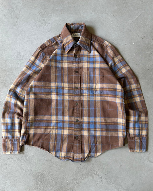 1980s - Brown/Blue Plaid Flannel - S/M