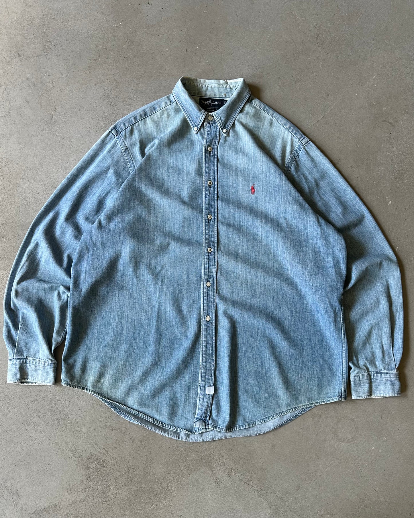 1990s - Faded Denim Ralph Lauren Shirt - XXL