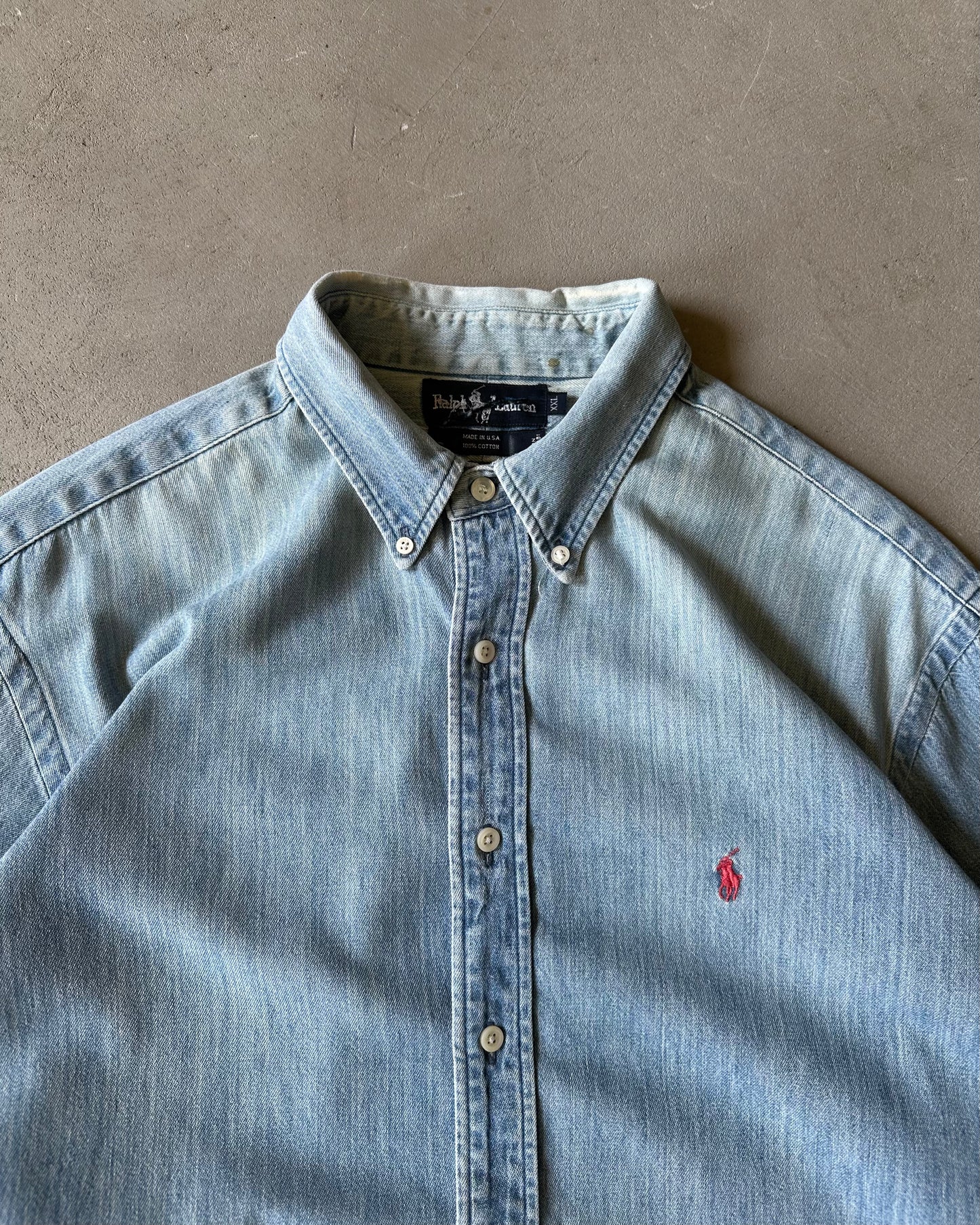 1990s - Faded Denim Ralph Lauren Shirt - XXL