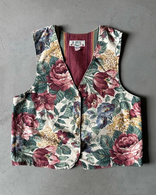 1990s - Cream/Green Floral Vest - (W)L