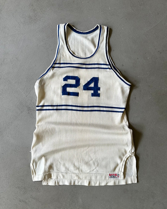 1950s - White/Blue "24" Basketball Jersey - XS/S