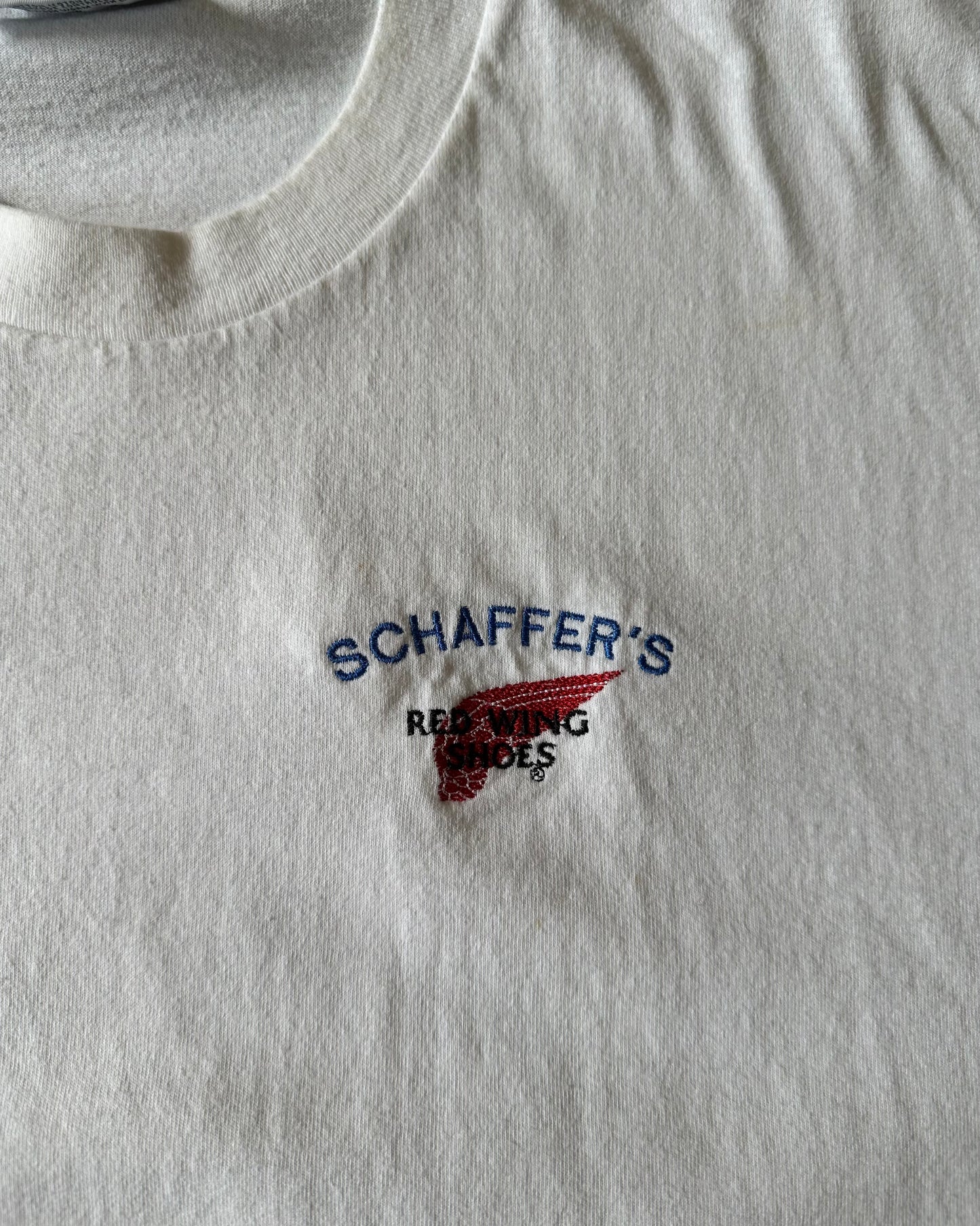 1990s - White Schaffer's Red Wings Shoes T-Shirt - XXL