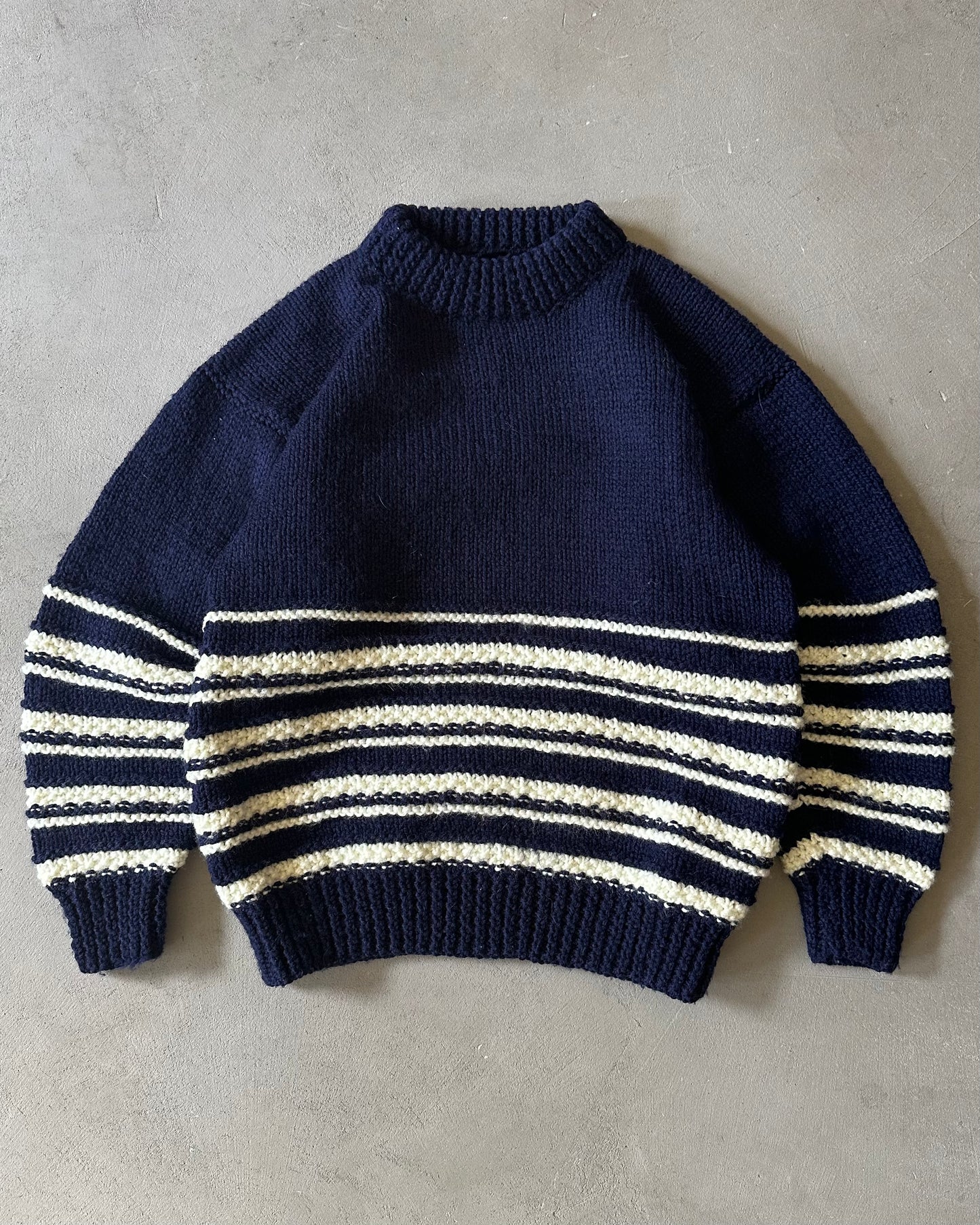 1980s - Navy/Cream Handknit Striped Sweater - S