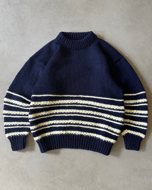 1980s - Navy/Cream Handknit Striped Sweater - S