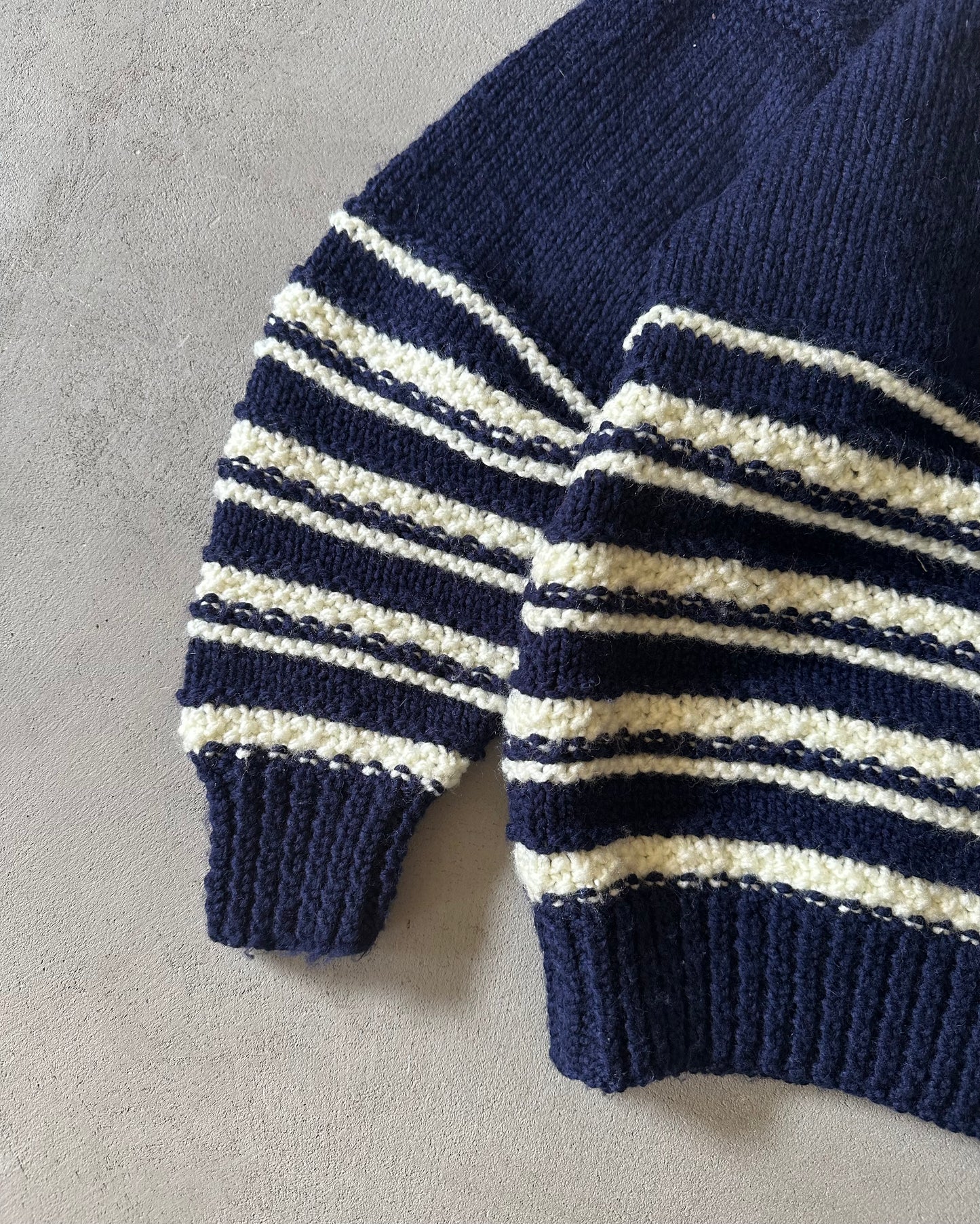 1980s - Navy/Cream Handknit Striped Sweater - S