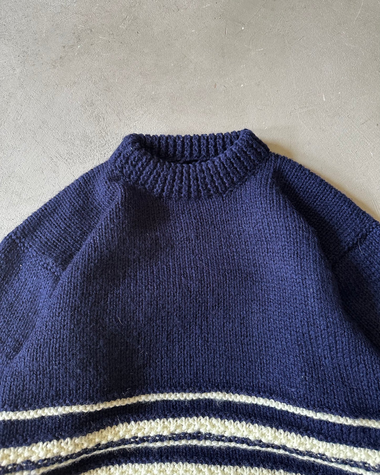 1980s - Navy/Cream Handknit Striped Sweater - S