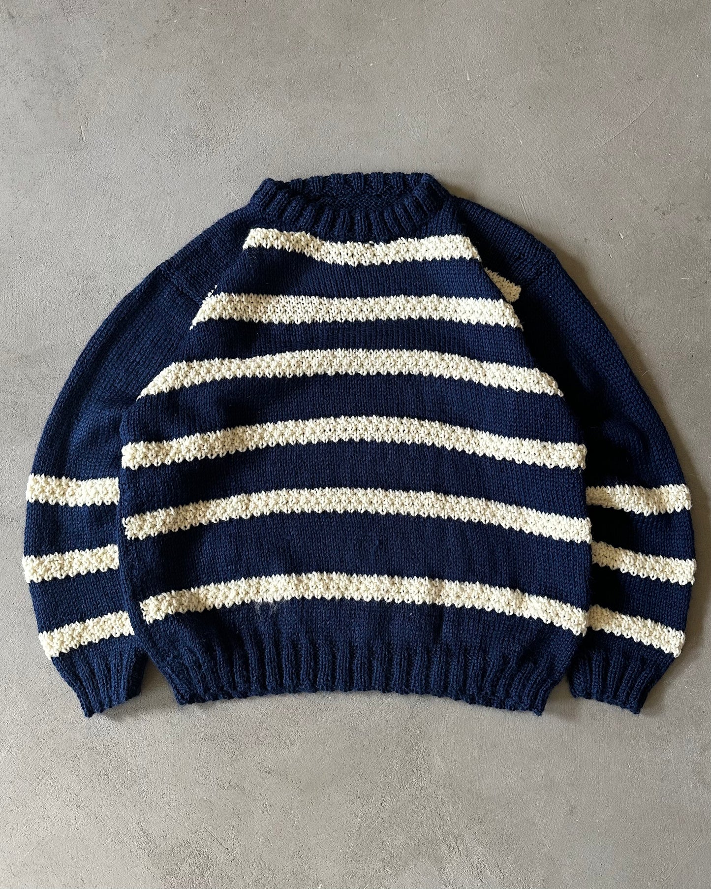 1980s - Navy/Cream Handknit Striped Sweater - M