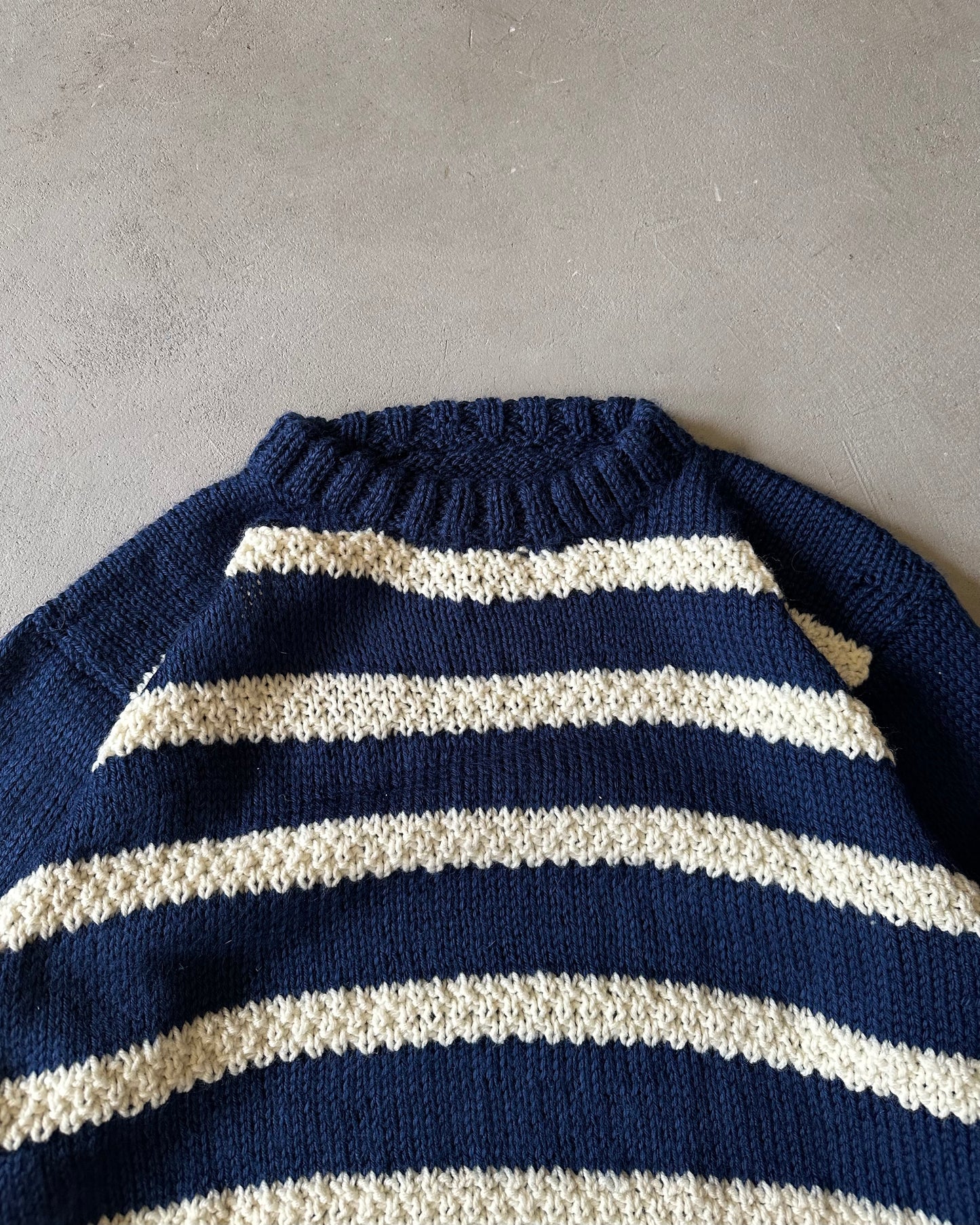 1980s - Navy/Cream Handknit Striped Sweater - M
