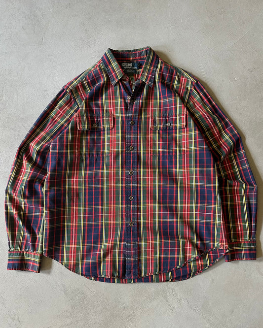 2000s - Navy/Green Polo RL Plaid Whitfield Shirt - L