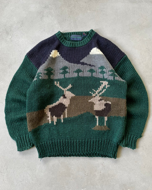 1990s - Green/Navy Deer Sweater - L/XL